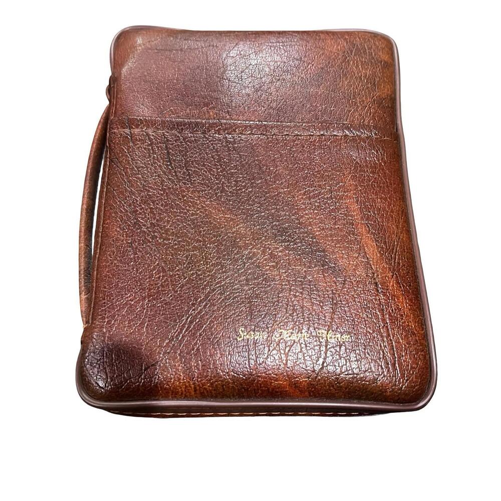 Vintage 1979 Bible & Brown Leather Bible Case Zippered with Pockets Handle Mono